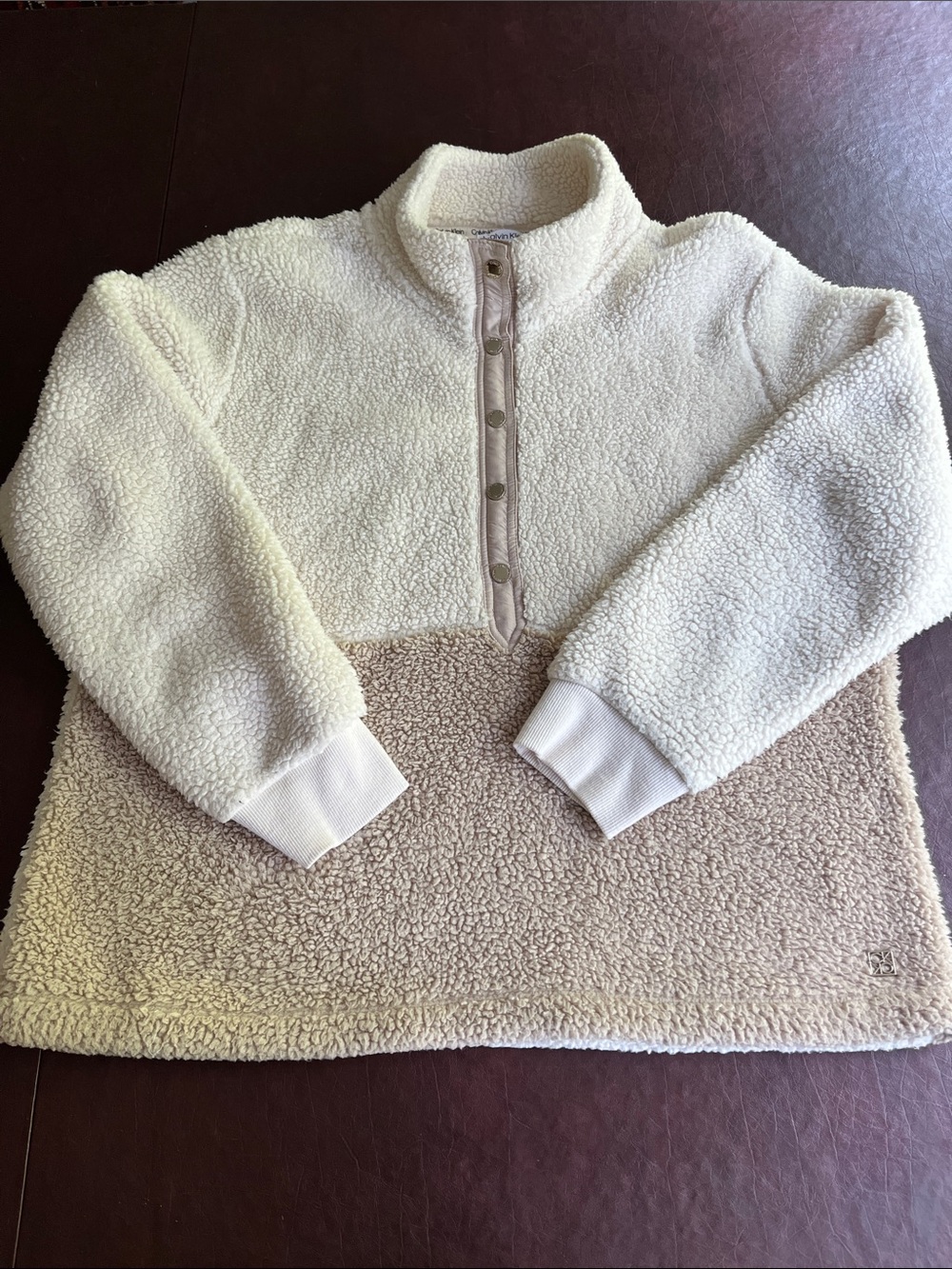 Calvin Klein Women’s Large Colorblock Two-Tone Sherpa Fleece Pullover Cream Tan